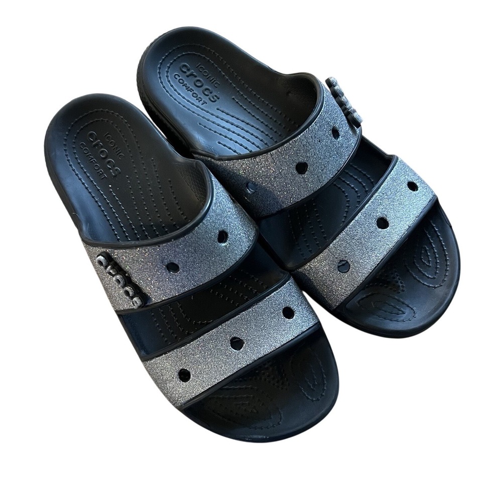 Crocs Women's 6 Black Silver Glitter Two Strap Slide Sandals Comfort Shoes Beach